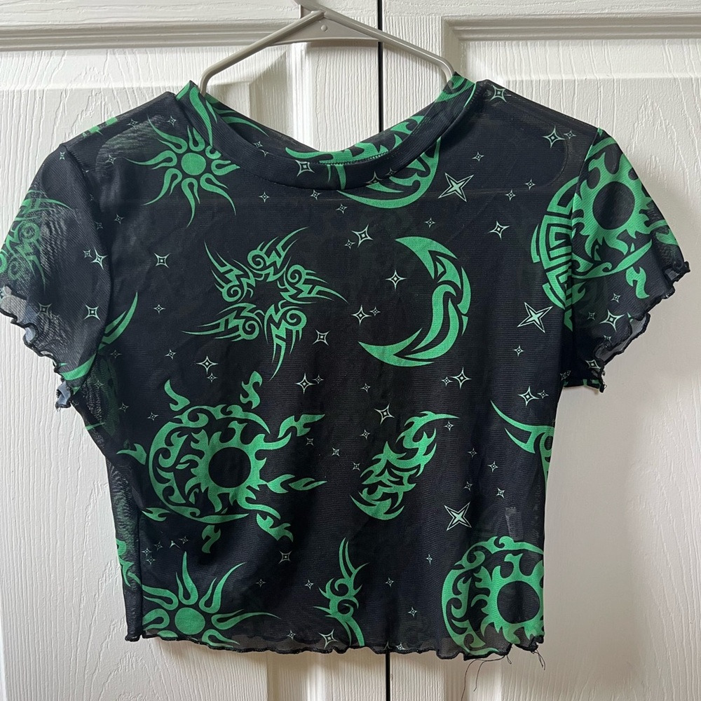 SHEIN green and black graphic sheer crop top